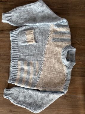 Vintage Cherry Stix Hand Knit Light Blue and Cream Striped Knit Sweater